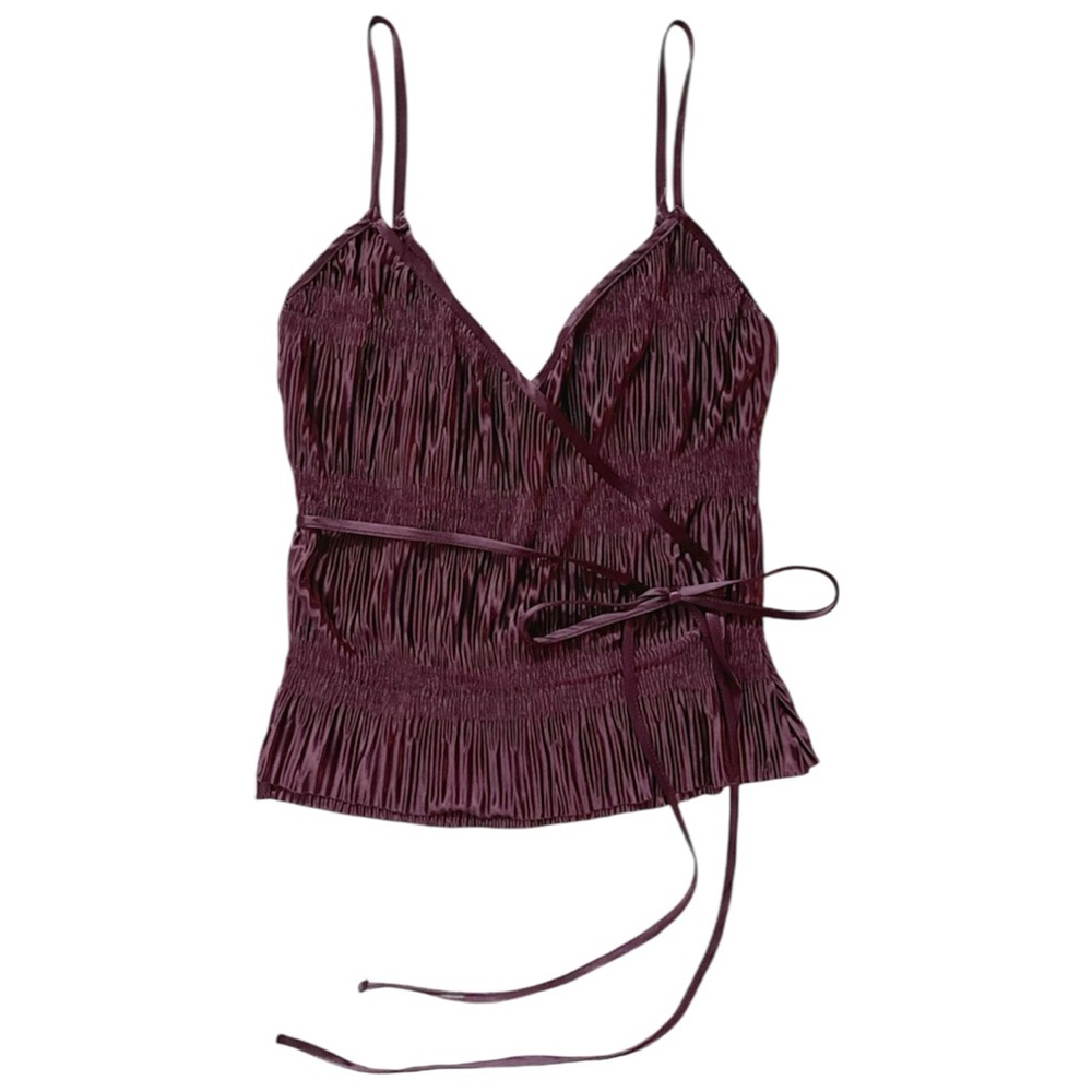 Zara - Metallic Satin Effect Plisse Crossover Wrap Sleeveless Blouse | Merlot, S